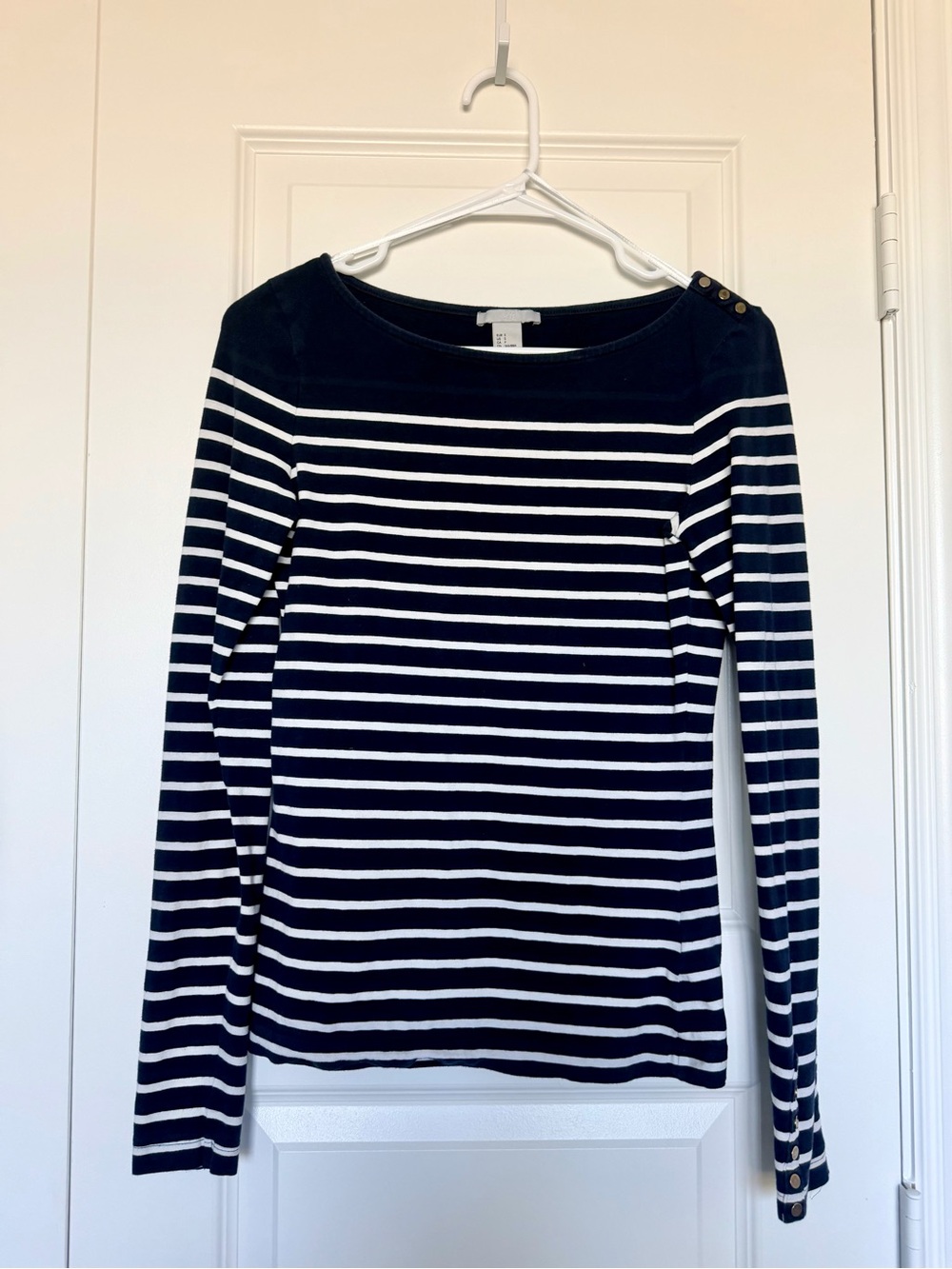 H&M Navy & White Striped Long-Sleeve Boatneck Top with Shoulder Buttons